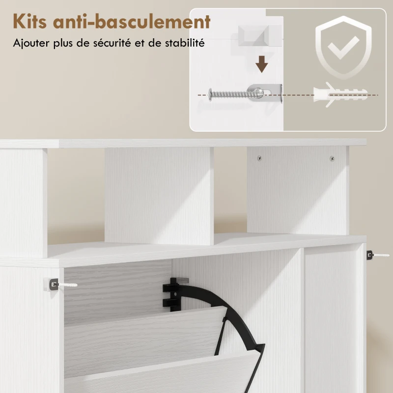 HOMCOM Meuble à chaussures, armoire à chaussures, 2 tiroirs rabattables, compartiments ouverts et étagère réglable, blanc