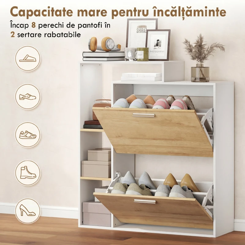 HOMCOM Dulap Pantofi cu 2 Sertare Rabatabile, Slim, Alb și Lemn