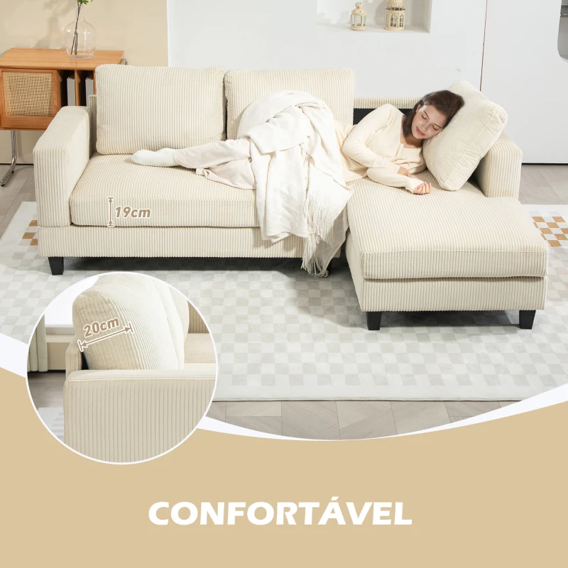 HOMCOM Sofá Chaise Longue de 3 Lugares em L Estofado em Veludo Assento e Encosto Almofadados 214x134x87 cm Bege
