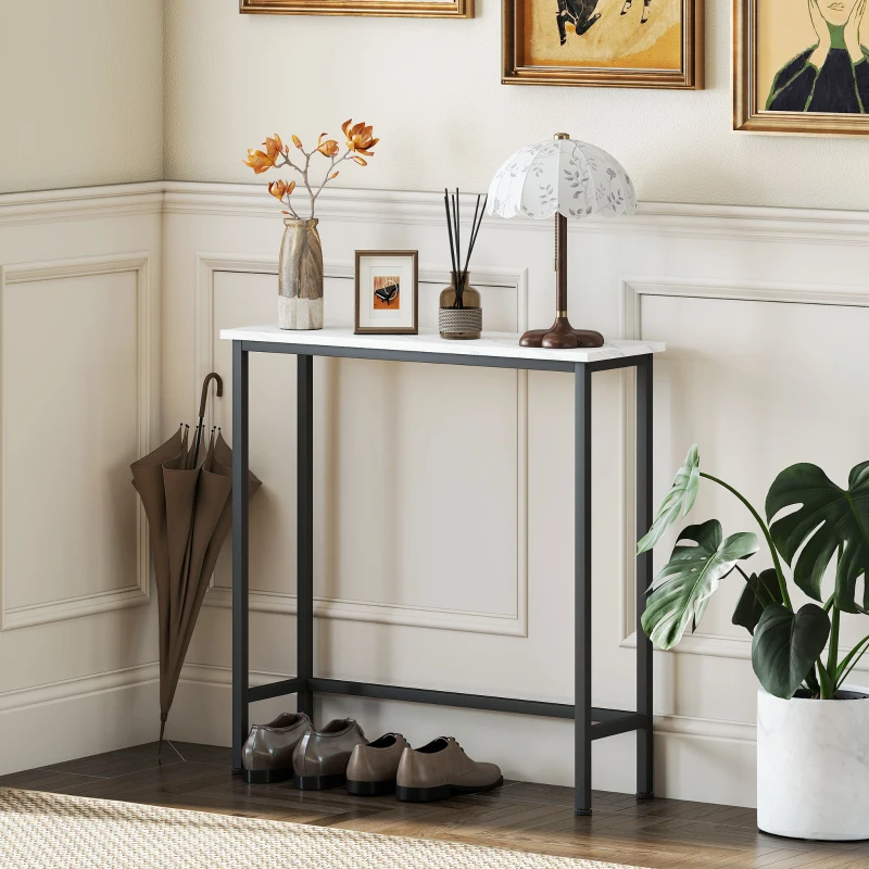 HOMCOM Tavolo Consolle da Ingresso con Piano Effetto Marmo, in Legno e Acciaio, 75x24x76 cm, Bianco e Nero