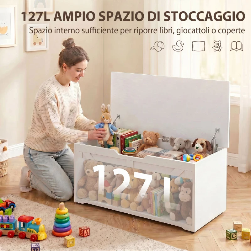 HOMCOM Cassapanca Contenitore 100 cm con 2 Cerniere di Sicurezza, Bianco Effetto Legno