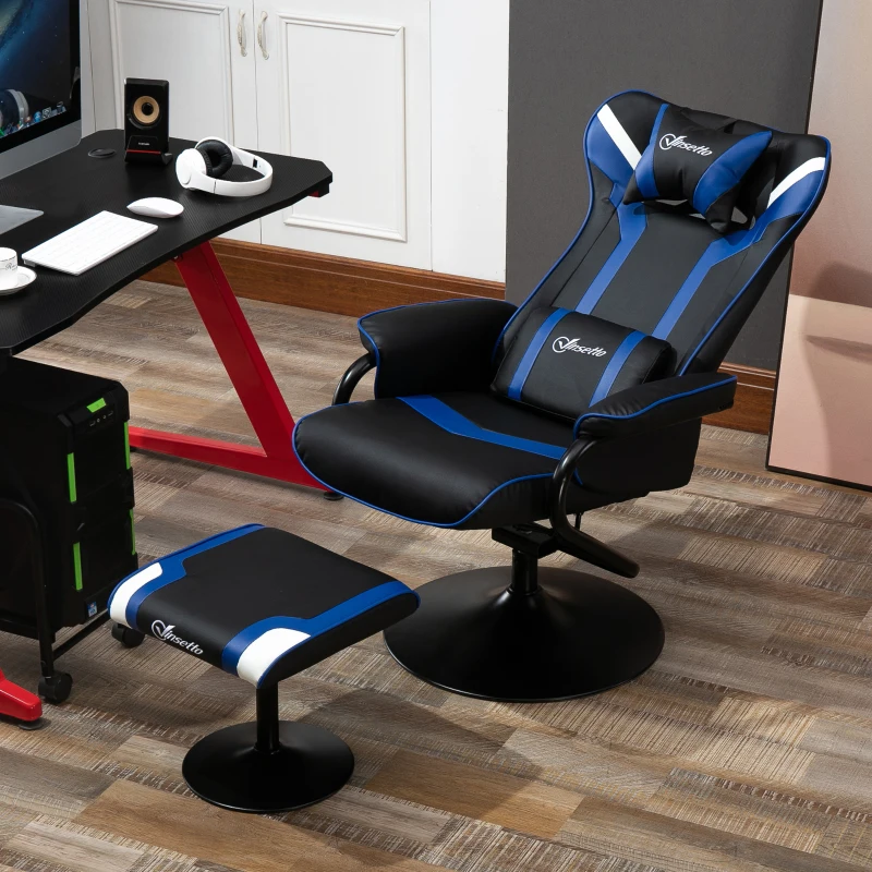 Vinsetto Set 2 Piese Scaun Gaming Reclinabil Înclinat la 130° cu Taburet Suport Picioare, Negru și Albastru Închis