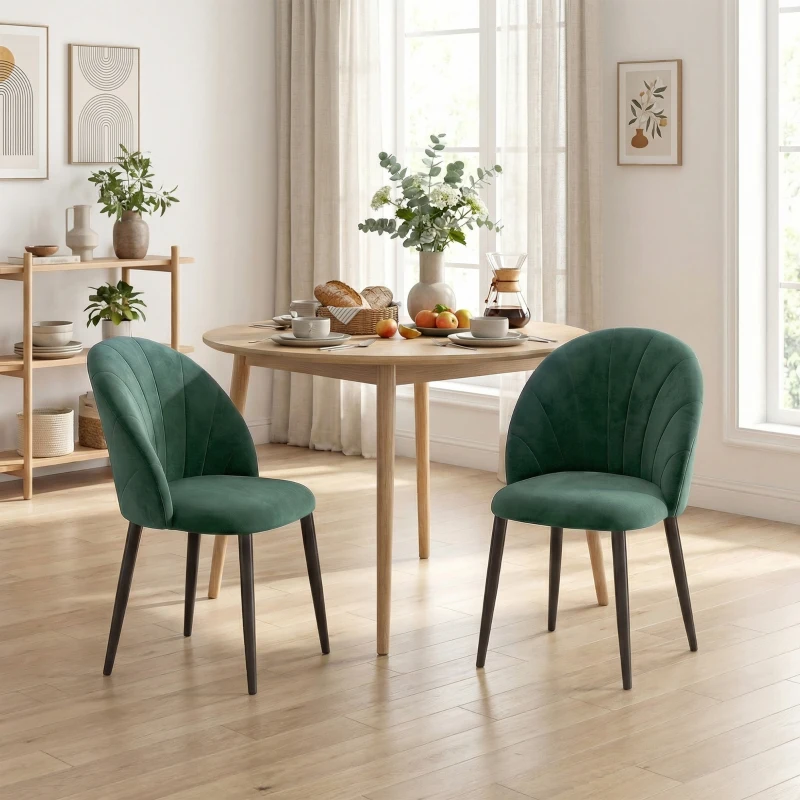 HOMCOM Set 2 Sedie da Pranzo Imbottite con Schienale a Conchiglia in Velluto, 52x55x79 cm, Verde Scuro