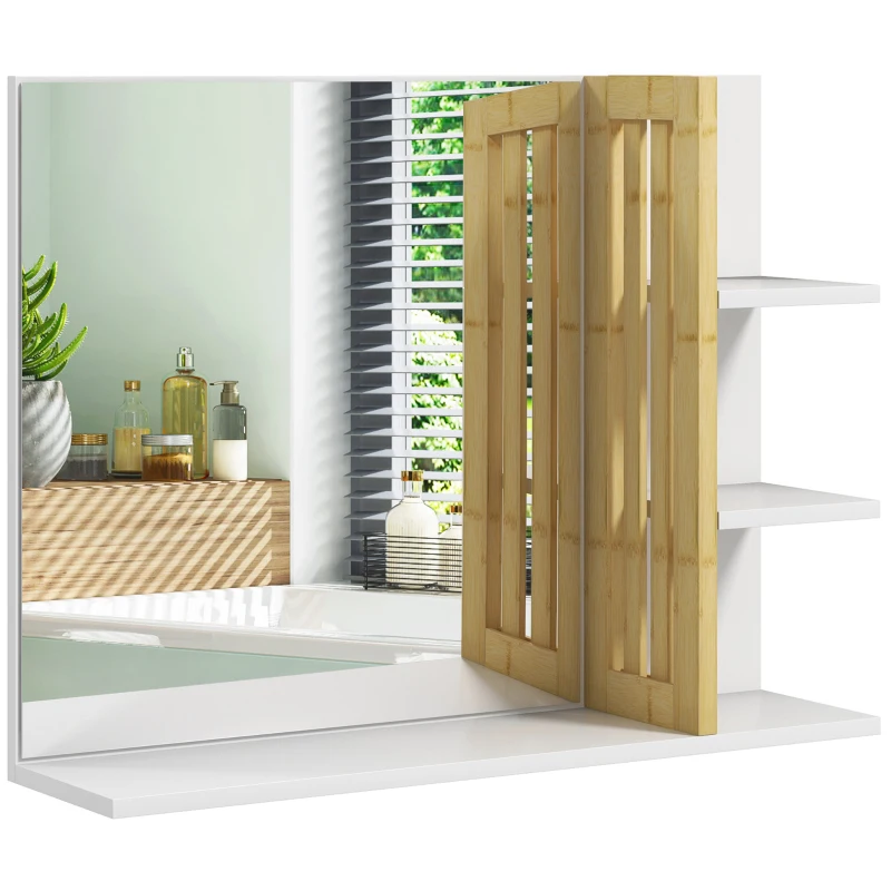 HOMCOM Miroir mural de salle de bain avec 3 étagères latérales 1 étagère inférieure en bambou 45 x 15 x 58,5 cm blanc