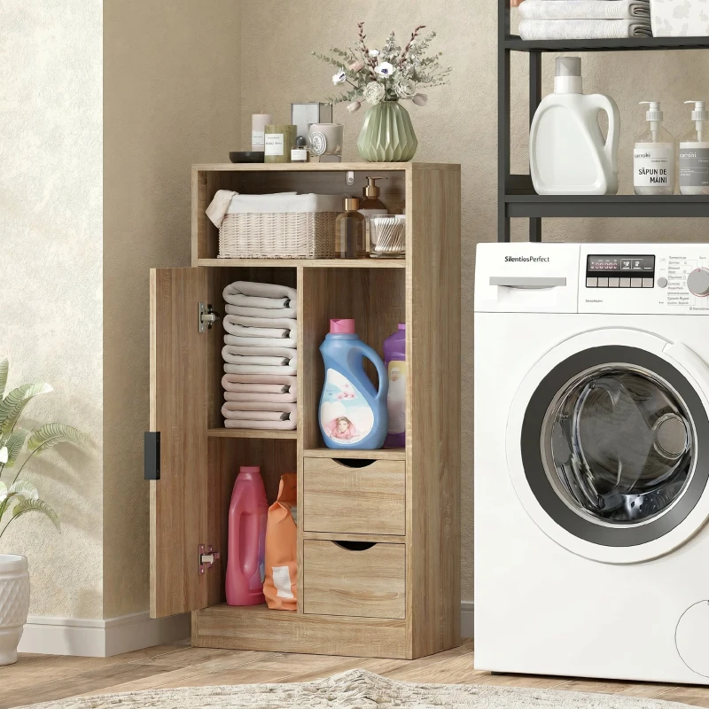 HOMCOM Mobilă de baie compactă Slim cu 2 sertare, rafturi și dulap, 50x25x100 cm, lemn natural
