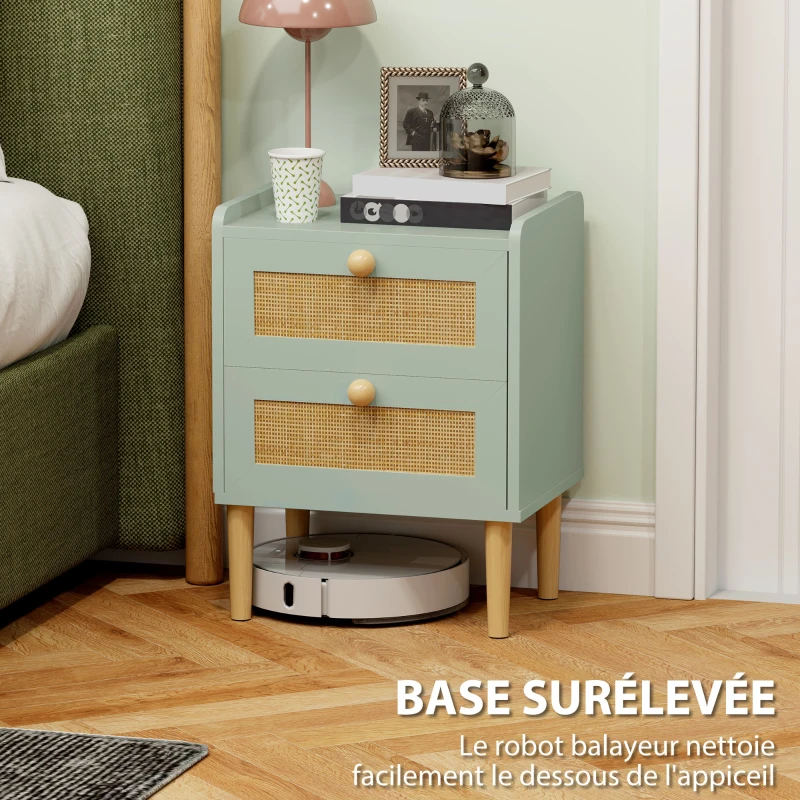 HOMCOM Table de chevet, table de nuit avec 2 tiroirs en effet rotin naturel et cadre en bois, 39,8 x 30 x 52,5 cm, vert olive