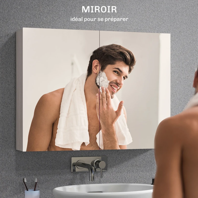 HOMCOM Armoire murale salle de bain avec miroir, meuble salle de bain, double portes et étagères réglables, 80x15x60cm, gris
