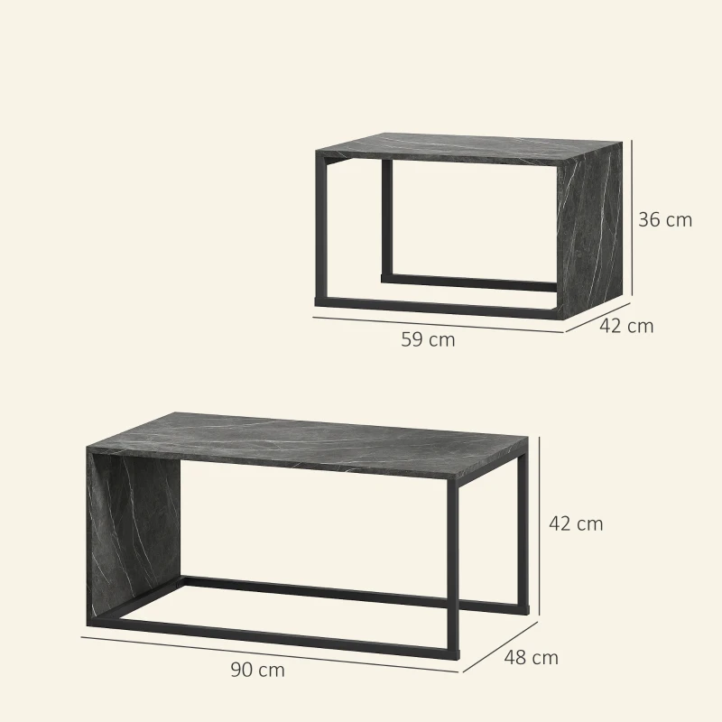 HOMCOM Lot de 2 tables basses gigognes design industriel encastrable en métal noir et effet marbre gris foncé