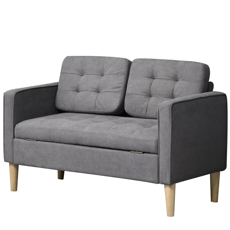 HOMCOM 2 Seater Storage Sofa, Fabric Couch with Hidden Under Seat Storage, Thick Cushions, Compact Space Saving Settee with Rubberwood Legs for Living Room, Apartment, Grey