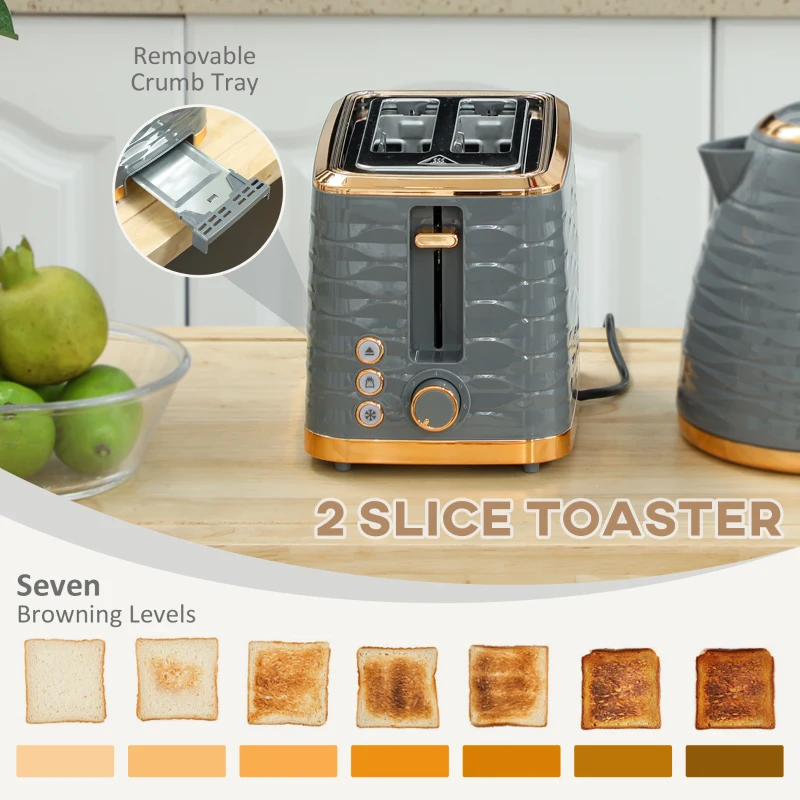 HOMCOM 3000W 1.7L Rapid Boil Kettle & 2 Slice Toaster, Kettle and Toaster Set with 7 Browning Controls and Crumb Tray, Grey