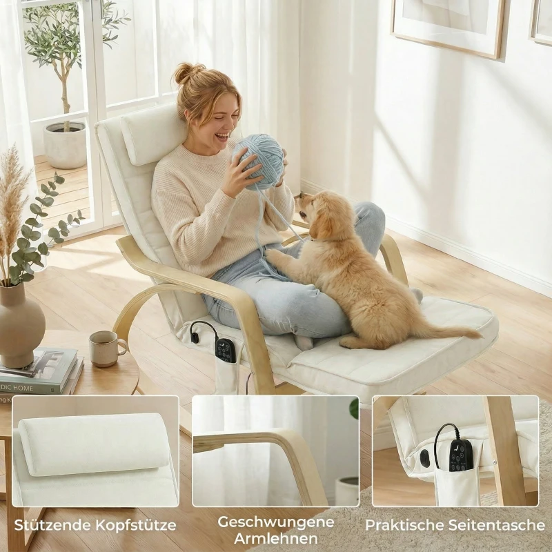HOMCOM Schaukelstuhl mit Massage, Heizung, Kopfstütze & Fußstütze, Samtbezug, Relaxsessel, Cremeweiß