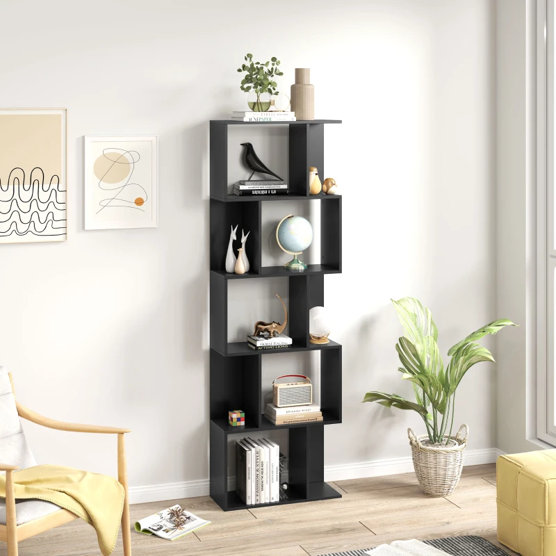 HOMCOM Bibliotecă mobilă modernă cu 5 rafturi din lemn, design modern, 60x24x184,5 cm, negru