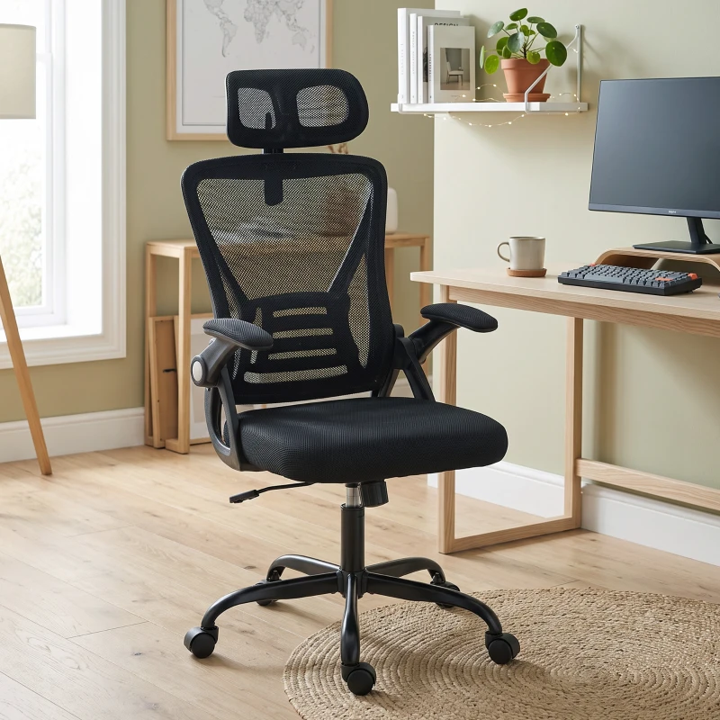 HOMCOM Scaun de Birou Ergonomic cu Brațe Rabatabile, Tetieră și Înălțime Reglabile, din Plasă Respirabilă, Negru