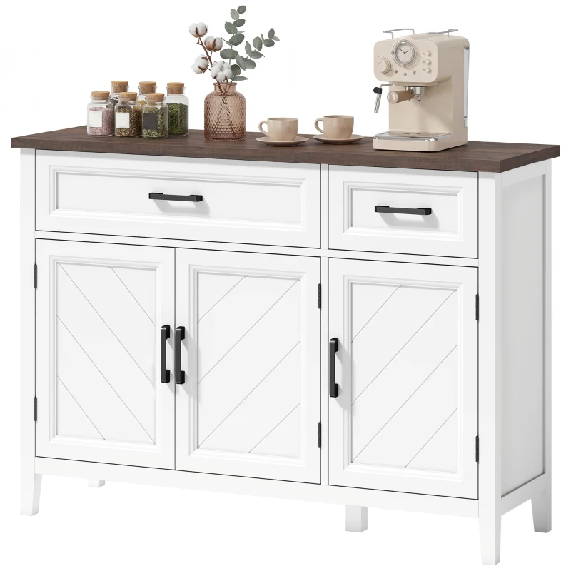 HOMCOM Buffet salon, meuble de rangement avec 3 portes en chevron, 2 tiroirs et 2 étagères réglables, 110 x 35 x 80,5 cm, blanc