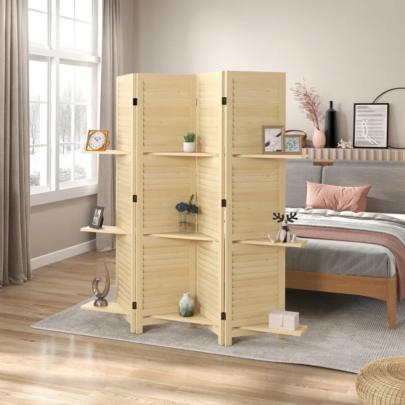 HOMCOM Paravent intérieur 4 panneaux 160L x 170H cm 3 étagères pliables séparateur de pièce portes persiennes naturel