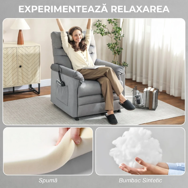 HOMCOM Fotoliu Reclinabil cu 8 Puncte de Masaj și 5 Moduri, Poggiapiedi, Încălzire, Material Catifelat, Gri