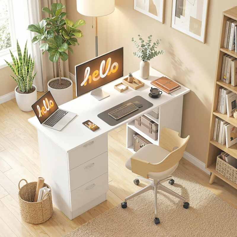 HOMCOM Computer Desk with Drawers, Home Office Desk, Writing Table, PC Workstation with 3 Storage Shelves for Working, Study, 120 x 49 x 72 cm, White