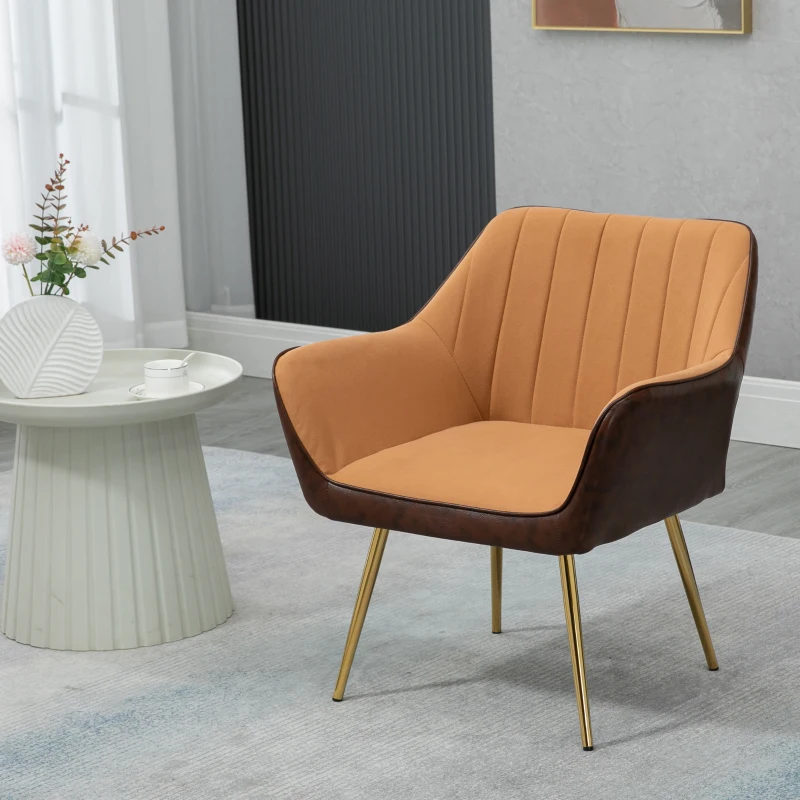 HOMCOM Velvet Armchair, Upholstered Accent Chair with Golden Steel Legs, Modern Vanity Chair for Living Room and Bedroom, Light Brown