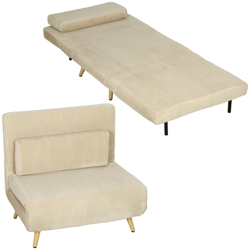 HOMCOM 3-in-1 slaapfauteuil, uitklapbare cordfauteuil met slaapfunctie verstelbare rugleuning, kussen, beige