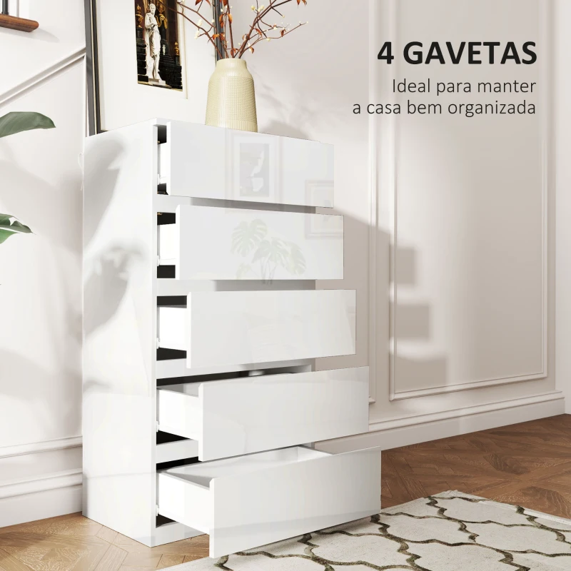 HOMCOM Cómoda com 5 Gavetas de Madeira Cómoda de Dormitório Cómoda Branca Estilo Moderno 55x33x80 cm Branco Brilhante