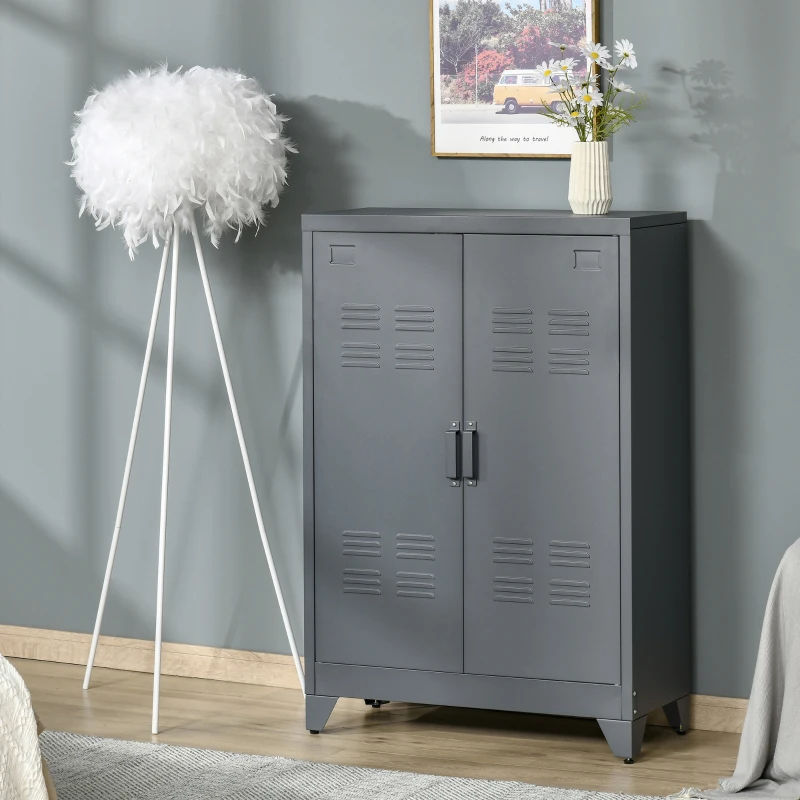 HOMCOM Armoire de bureau à 3 niveaux, meuble de rangement bureau métallique avec 2 portes et étagères réglables