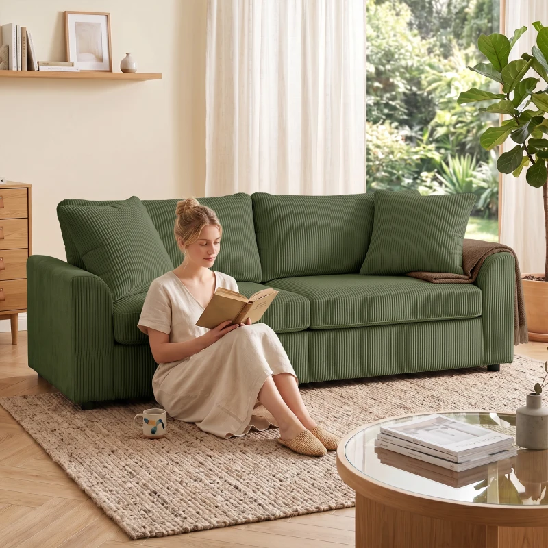 HOMCOM Canapé 3 places 212 cm avec 2 coussins à ressorts, tissu velours côtelé, pour salon, chambre, bureau à domicile, vert