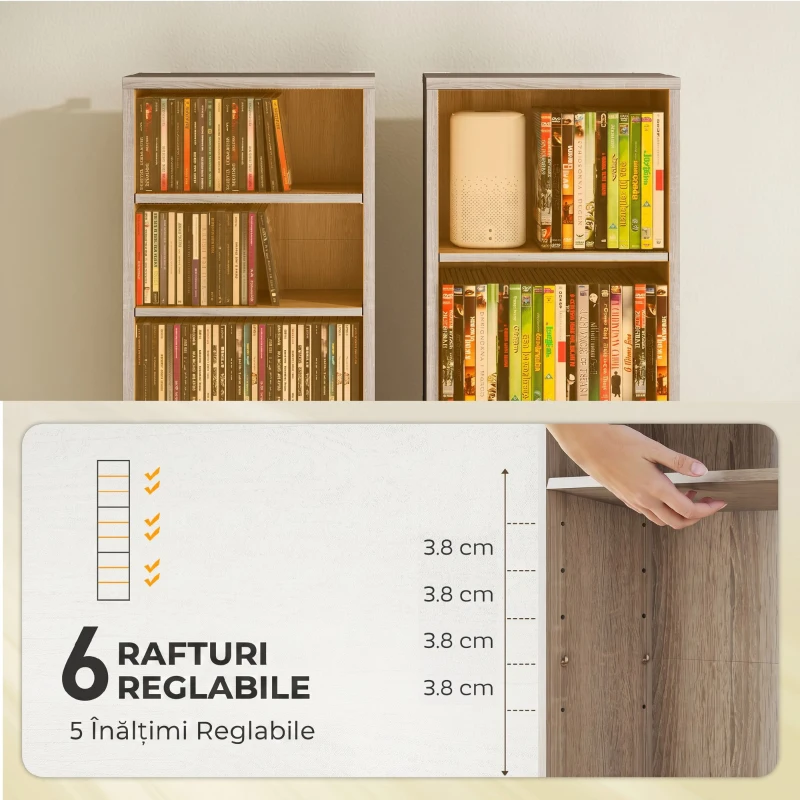 HOMCOM Raft pentru CD-uri cu 6 Rafturi Ajustabile, Capacitate 260 CD-uri sau 120 DVD-uri, 33 x 24 x 140 cm, Lemn Natural