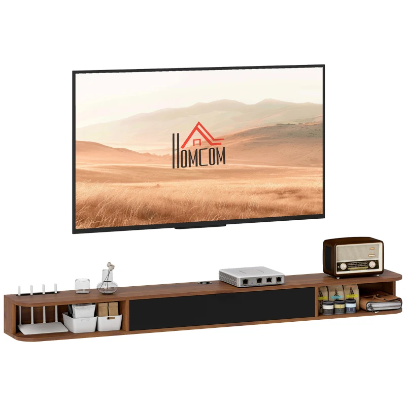 HOMCOM Meuble TV Suspendu, Meuble Télé pour Téléviseur jusqu'à 75 Pouces, Tiroir Rabattable, 2 Étagères, 180x24x16cm, Noyer