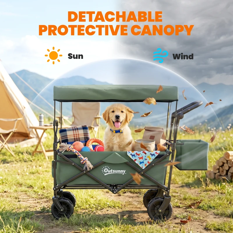 Outsunny Folding Trolley Cart Storage Wagon Beach Trailer 4 Wheels with Handle Overhead Canopy Cart Push Pull for Camping, Green