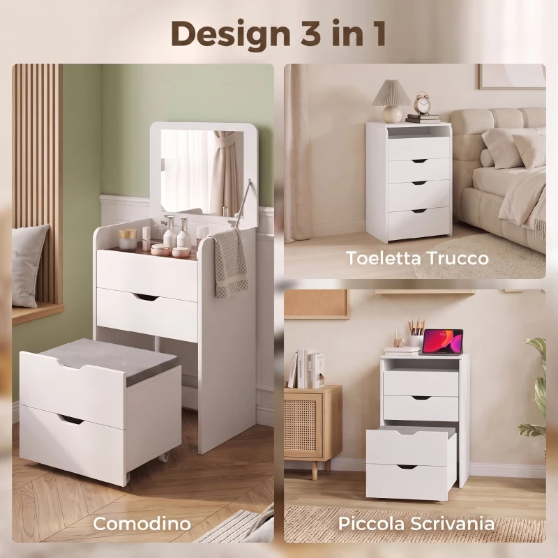 HOMCOM Toeletta 3 in 1 con Specchio Ribaltabile e Sgabello, con Cassetti, Bianco