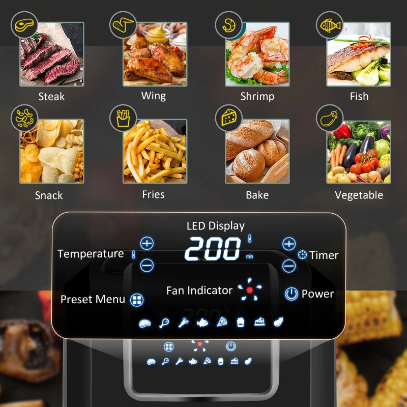 HOMCOM Air Fryer, 1700W 6.5L Air Fryers Oven with Digital Display, 360° Air Circulation, Adjustable Temperature, Timer and Non-stick Basket for Oil Less or Low Fat Cooking, Black