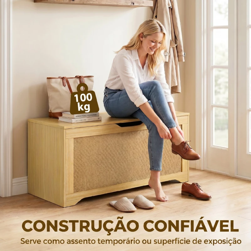 HOMCOM Baú de Arrumação 108L com Painel de Ratã e Tampa com Braços de Apoio, 80x40x45 cm, Carvalho
