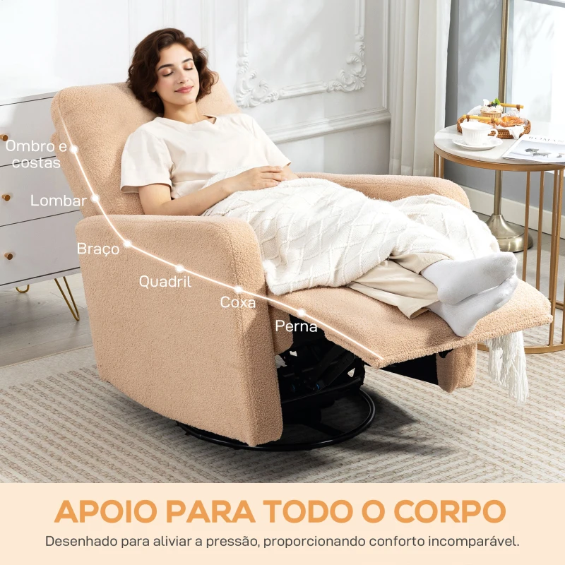 HOMCOM Poltrona Relax Reclinável Manual Poltrona Relax de Borreguito com Função de Baloiço 360° Reclinável até 135º 76x94x100 cm Marrom Claro