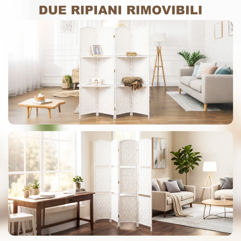 HOMCOM Paravento da Interno a 4 Pannelli Pieghevole con Mensole 160x170 cm, Bianco