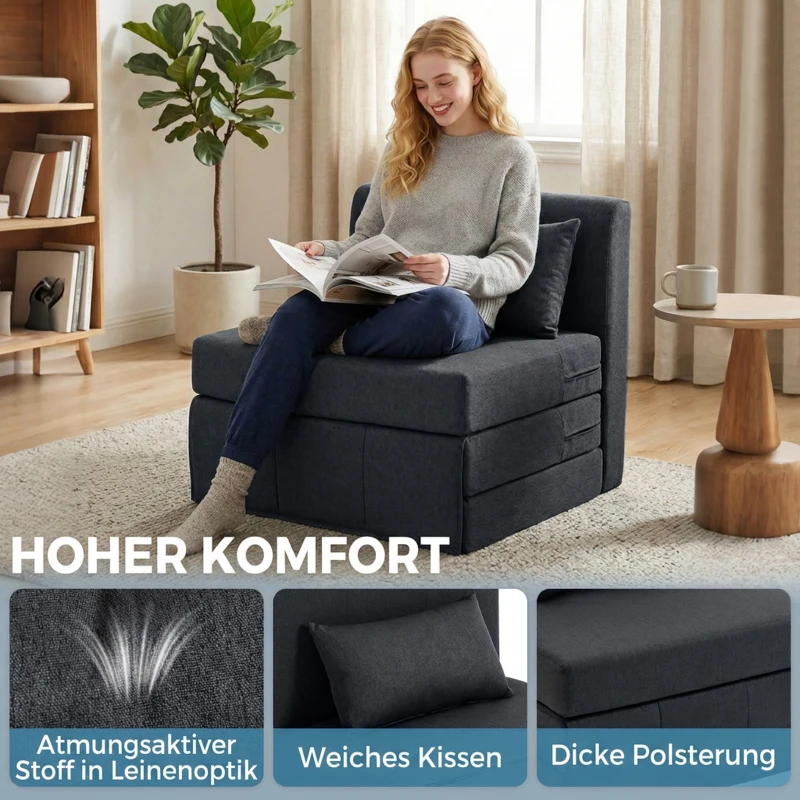 HOMCOM 2-in-1 Schlafsessel Klappbares Sofa-Bett mit Leinenstruktur, Gepolstertes Gästebett Klappstuhl, Dunkelgrau