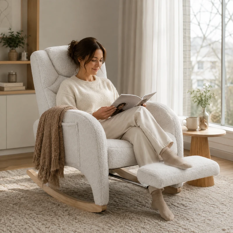 Teddy Schommelstoel met Voetensteun Comfortabele Voedings en Relaxfauteuil met Hoge Rugleuning Wit