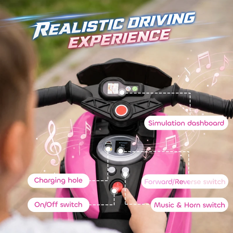 AIYAPLAY Kids Electric Motorcycle Ride-On Toy, 3-Wheel Battery-Operated Motorbike with Horn, Toddler Ride On Bike, Pink