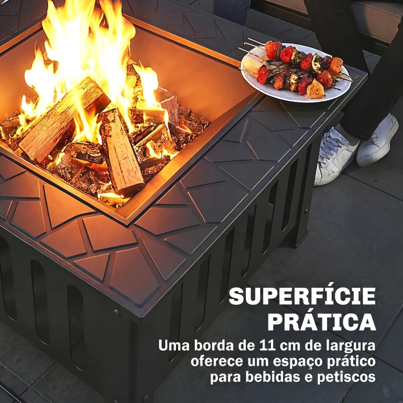 Outsunny Fogareiro Exterior Quadrado em Aço, 67x67x47 cm, com Atiçador e Tampa de Malha, para Festas, Preto