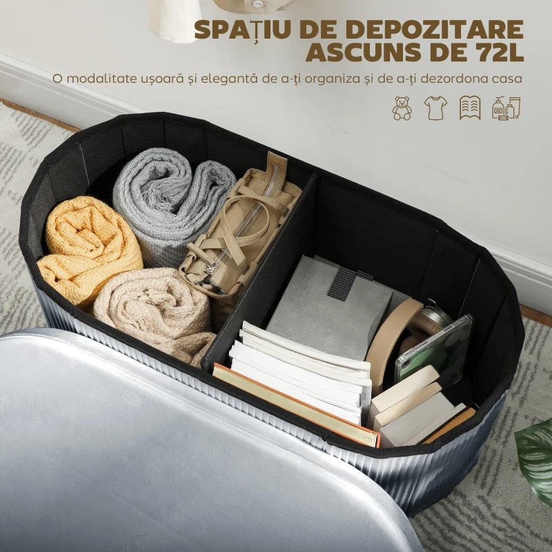 HOMCOM Taburet pliabil cu spațiu de depozitare de 72L, tapițat cu catifea, 76x38x35 cm, gri