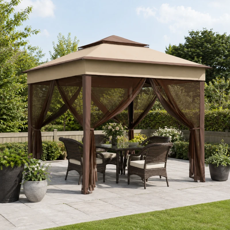 Outsunny 3 x 3(m) Pop Up Gazebo, Height Adjustable Instant Event Shelter with Netting and Carrying Bag, Beige