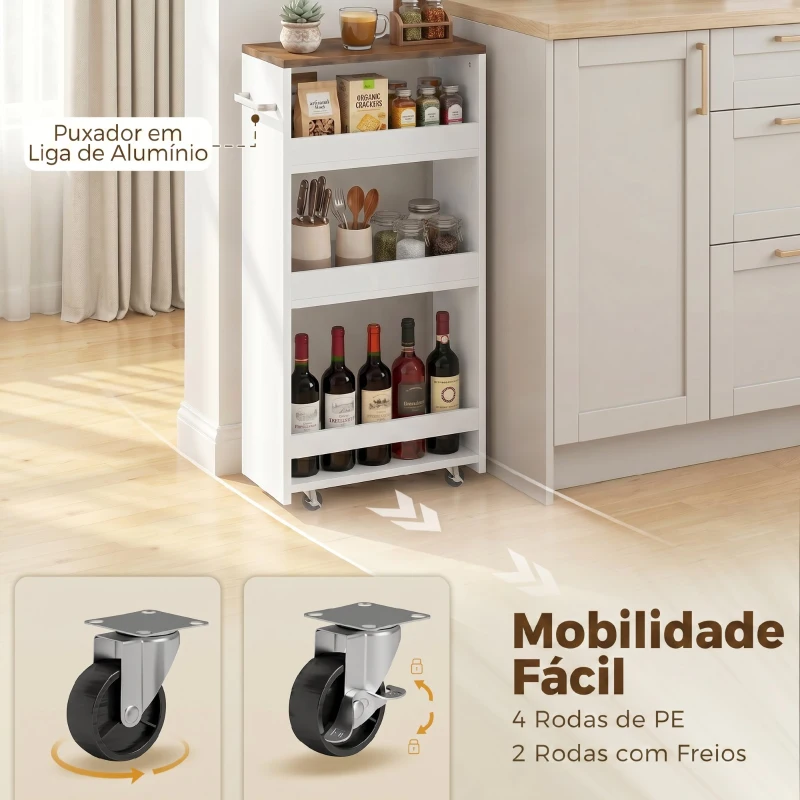 HOMCOM Carrinho de Cozinha Estreito de 3 Níveis com Rodas para Espaços Reduzidos, Sala de Jantar ou Sala, Branco