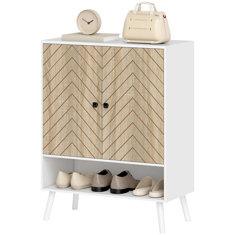 HOMCOM Sapateira com Desenho em Espiga Prateleiras Ajustáveis Compartimento Aberto para 15 Pares de Sapatos 75x35x97 cm Branco e Madeira