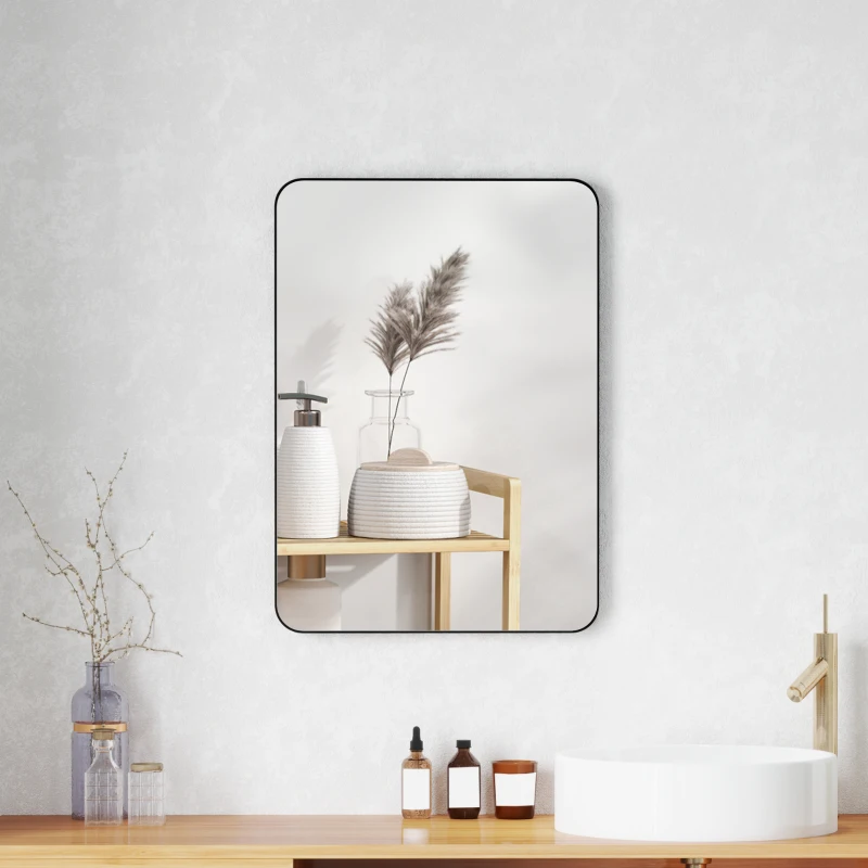 HOMCOM Miroir murale miroir salle de bain rectangulaire avec cadre en alliage d'aluminium noir pour chambre, salon 50 x 70 cm