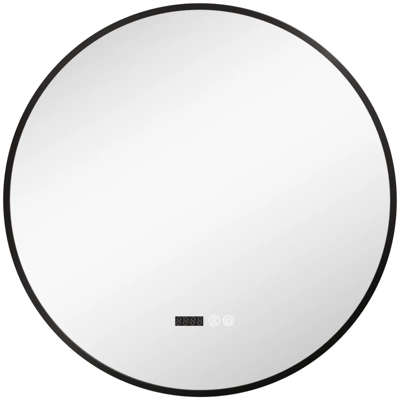 HOMCOM Specchio Bagno con Luce LED Regolabile, Antiappannamento e Display Tempo e Temperatura, Ø70 cm, Nero