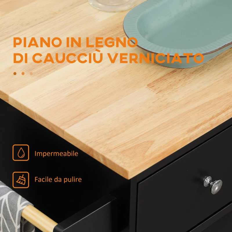 HOMCOM Carrello da Cucina con Armadietto, 2 Cassetti e Portaspezie, Isola da Cucina in Legno, 89x45x89.5cm, Nero