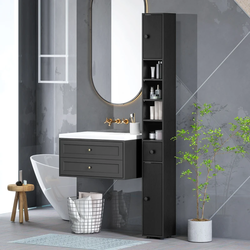 kleankin Coluna Casa de Banho Estreita com 1 Gaveta 4 Prateleiras Abertas e Prateleiras Ajustáveis 20x20x180 cm Preto