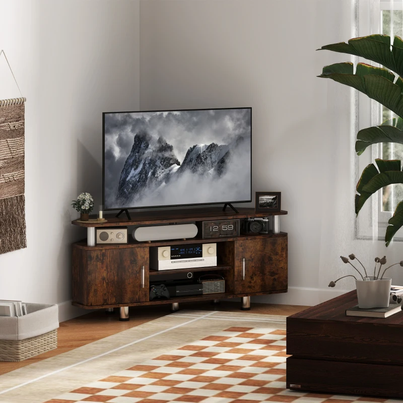 HOMCOM Meuble TV pour téléviseur jusqu'à 55 avec grand plateau, placards à portes et compartiment ouvert, marron