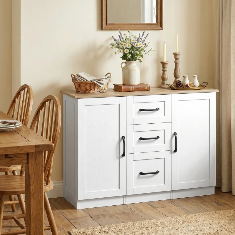 HOMCOM Buffet salon, meuble de rangement avec 2 portes à fermeture douce et 3 tiroirs, 110x35x80,4cm, blanc et bois naturel