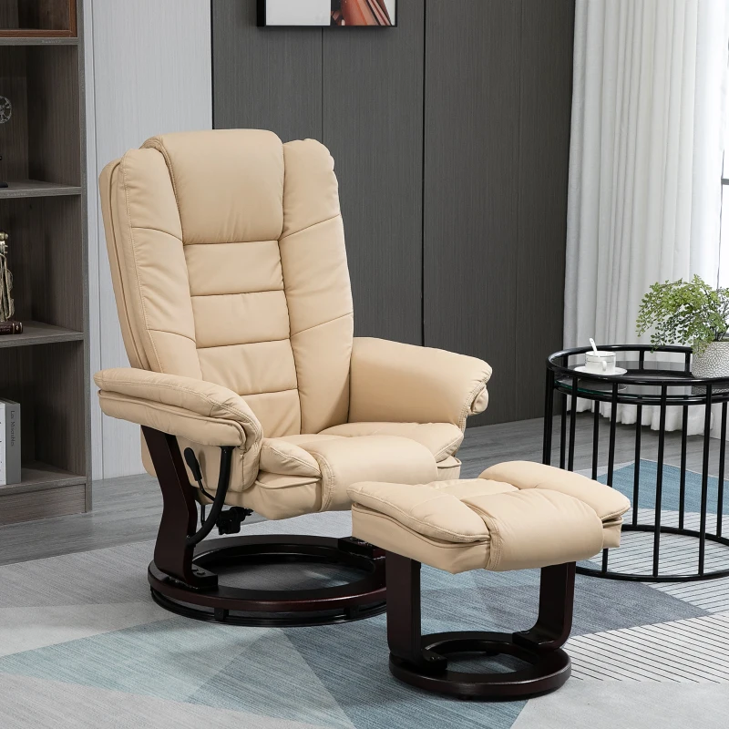 HOMCOM Fauteuil relax inclinable 135° grand confort pivotant 360° avec repose-pieds revêtement PU beige