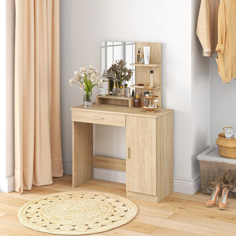 HOMCOM Tavolo per Trucco in Truciolato con Mobiletto, Cassetto, Ripiani Aperti e Specchio, 90x38x138 cm